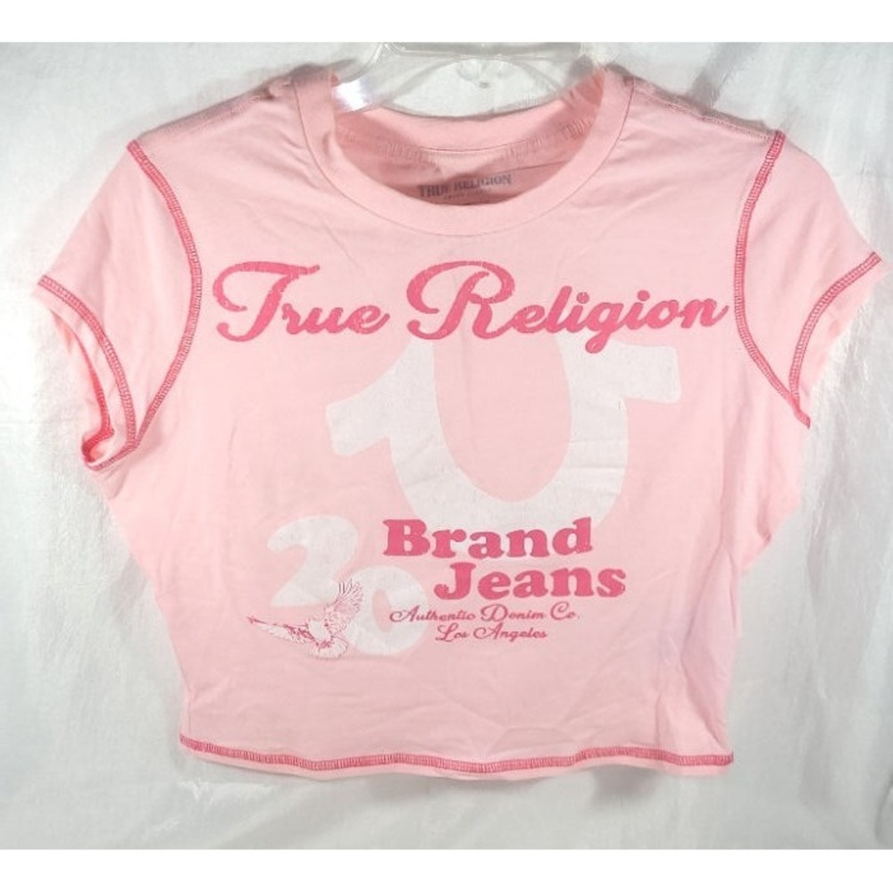 True Religion Women's Short Cap Sleeves Crop Baby Tee T-Shirt - Pink - Medium